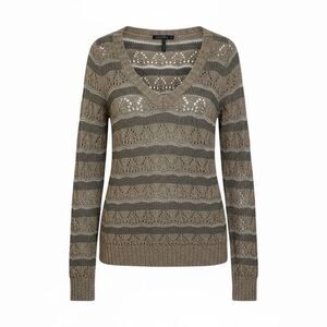 Guess Striped Wool Blend Open Knit Metallic V-Neck Sweater Taupe Gray Size Small